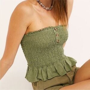 We The Free Green Smocked Strapless Tube Top XS Boho Summer Beach Ruffle Cotton
